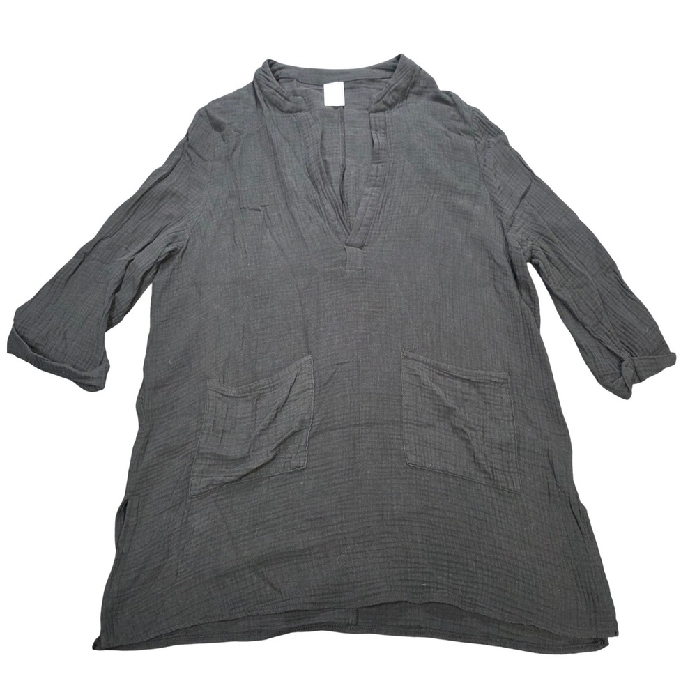 Kona Sol Gauze Tunic Cover Up Top Women's Size M Black V-Neck 3/4 Sleeve Pocket